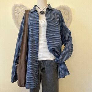 Indie Skater Grunge Paisley Oversized Shirt Button Up Long Sleeve Dad Blue XXL‎